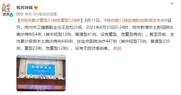 【扬州现有17例重型4例危重,扬州累计本土确诊346例重型23例】 【扬州现有17例重型4例危重,扬州累计本土确诊346例重型23例】